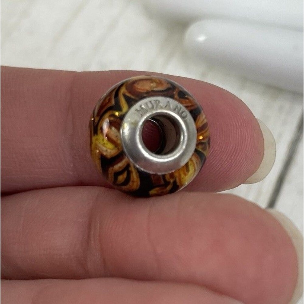 Murano MA Glass Bead Charm Sterling Silver 925 Italy Orange Swirl - Picture 4 of 5